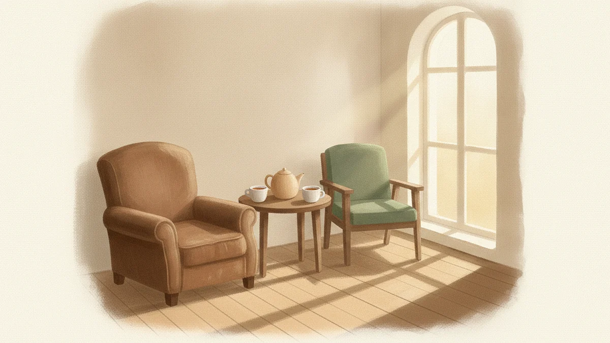 Illustration: two armchairs by a window turned toward one small table, one old and worn and the other with a newer green cushion, with a teapot and two cups between them.