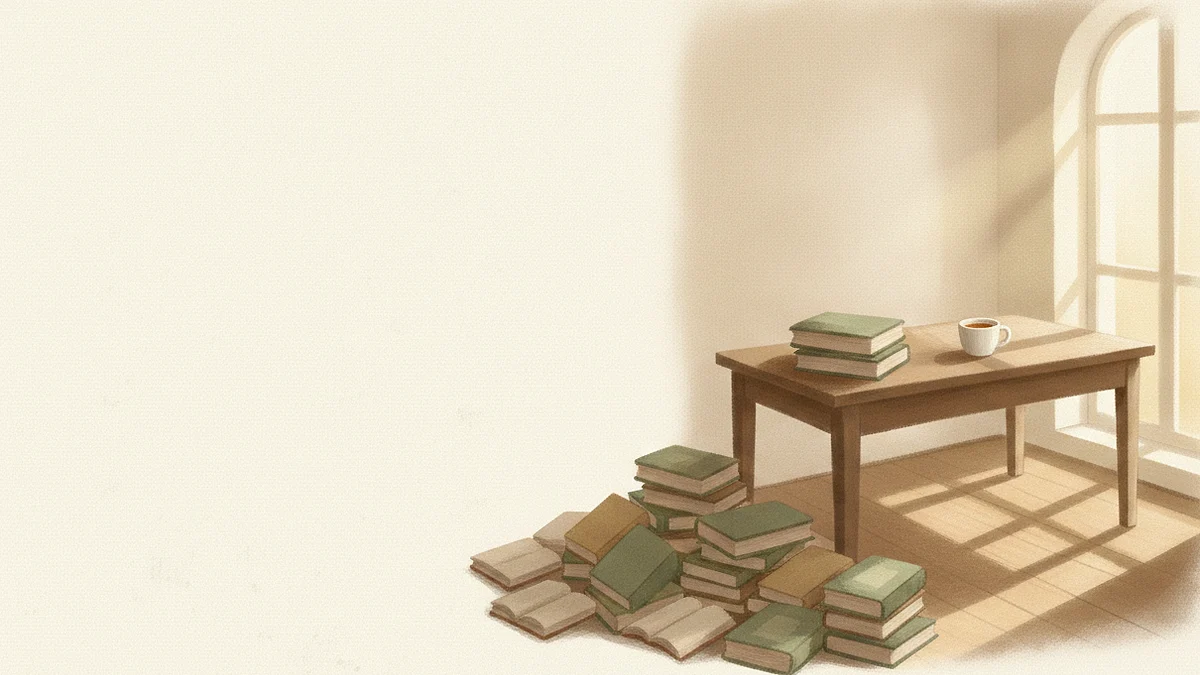 Illustration: three books stacked neatly on a wooden table beside a cup of tea, with a much larger pile of books set down on the floor beneath.