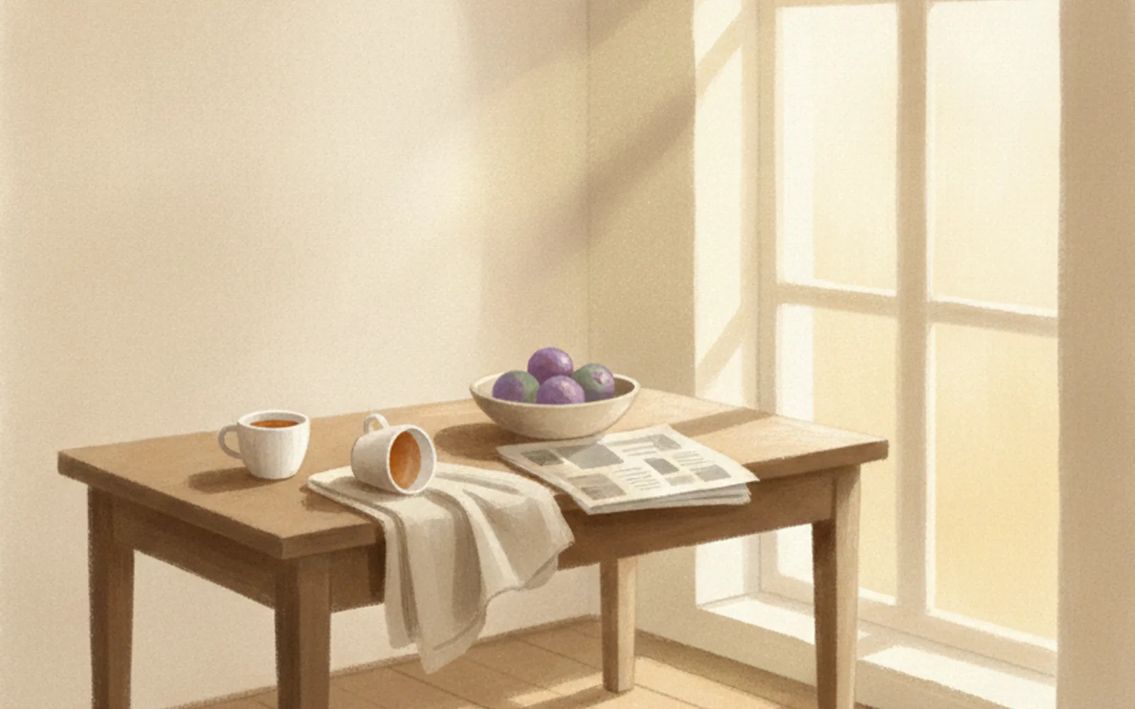 Illustration: a kitchen table in late-afternoon window light, with two cups, a third cup lying on its side on a folded cloth, and a bowl of plums.
