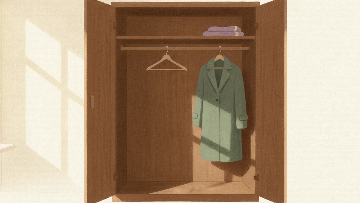 Illustration: the inside of an open wardrobe, one half of the rail empty with a single bare hanger, a green coat hung on the other half with space around it.