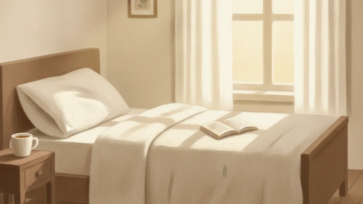 Illustration: a made bed in early morning light, one pillow dented and one smooth, a book lying face down on the blanket.