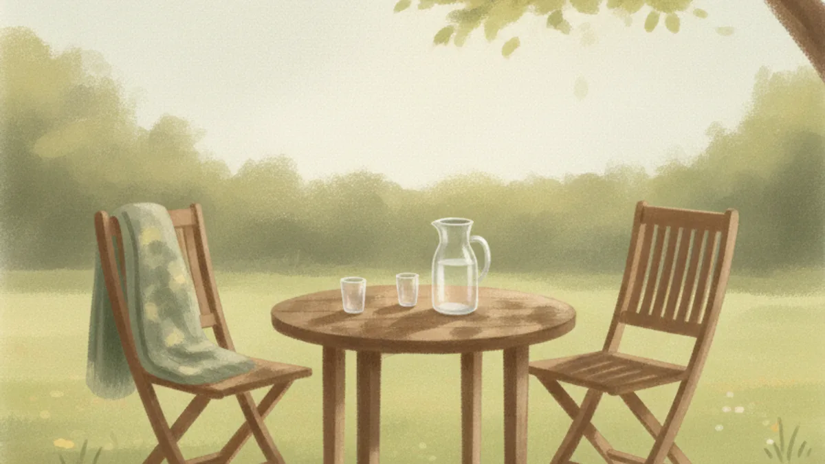 Illustration: two garden chairs at a small table under a tree, a folded blanket over one chair, a jug and two glasses on the table.