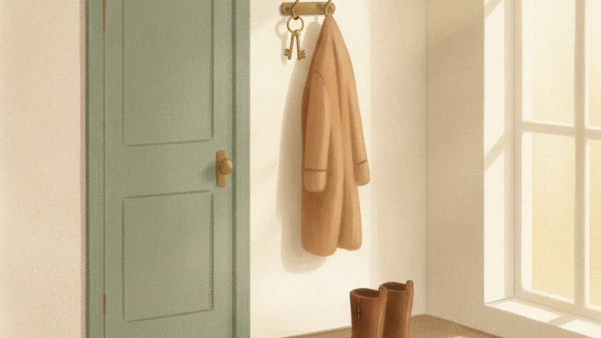 Illustration: keys on a hook beside a front door, a single coat hanging next to them and boots on the floor below.