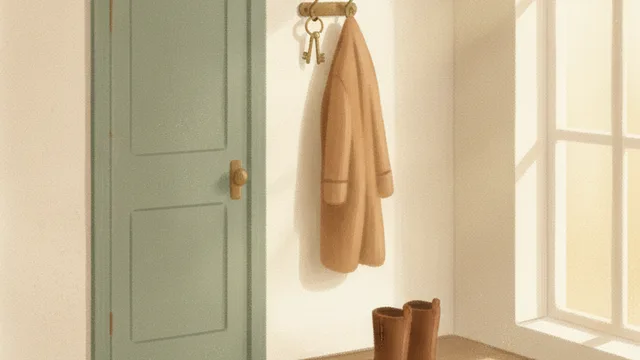 Illustration: keys on a hook beside a front door, a single coat hanging next to them and boots on the floor below.