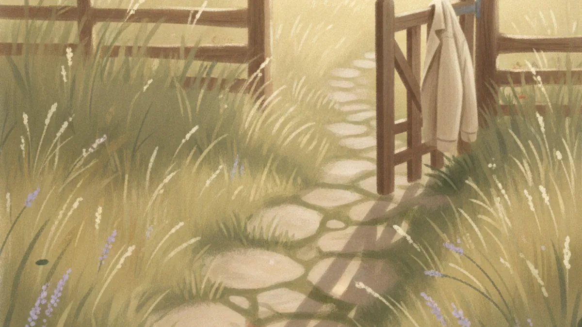 Illustration: a stone path through long grass leading to a wooden gate standing half open, low sun beyond it.