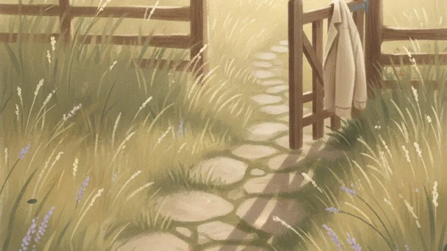 Illustration: a stone path through long grass leading to a wooden gate standing half open, low sun beyond it.