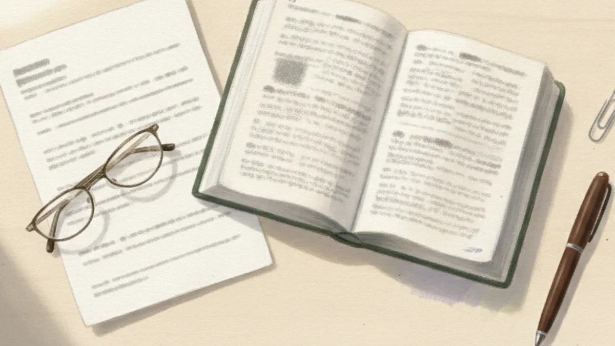 Illustration: an open dictionary and a printed form on a pale desk, with reading glasses and a pen beside them.