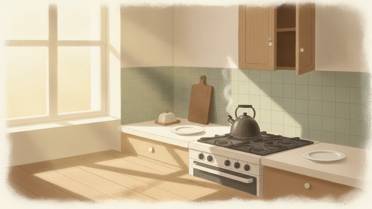 Illustration: a kitchen at dawn with a kettle beginning to steam on the hob, two plates set out on the counter and a cupboard door standing open.