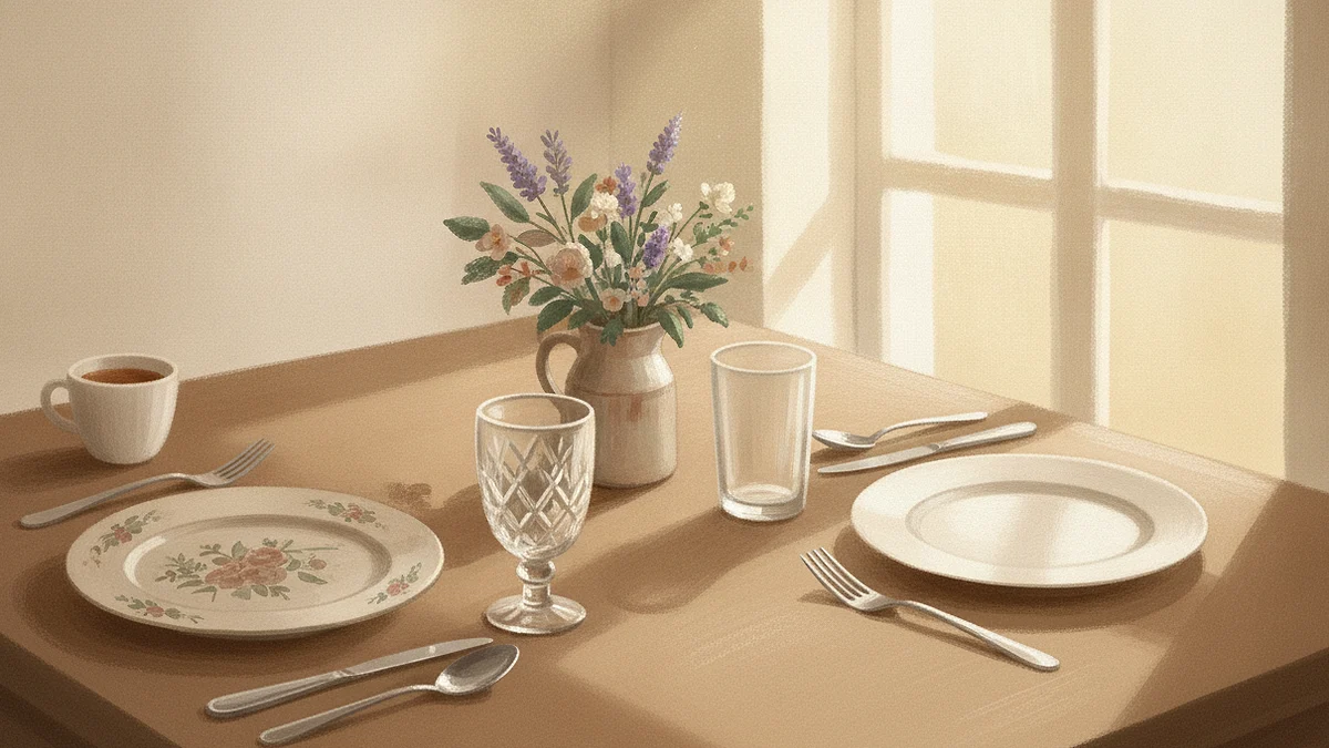 Illustration: a table laid for two with china mixed from two services, an older patterned plate beside a plain new one and a cut-glass goblet beside a modern tumbler, with flowers between the places.