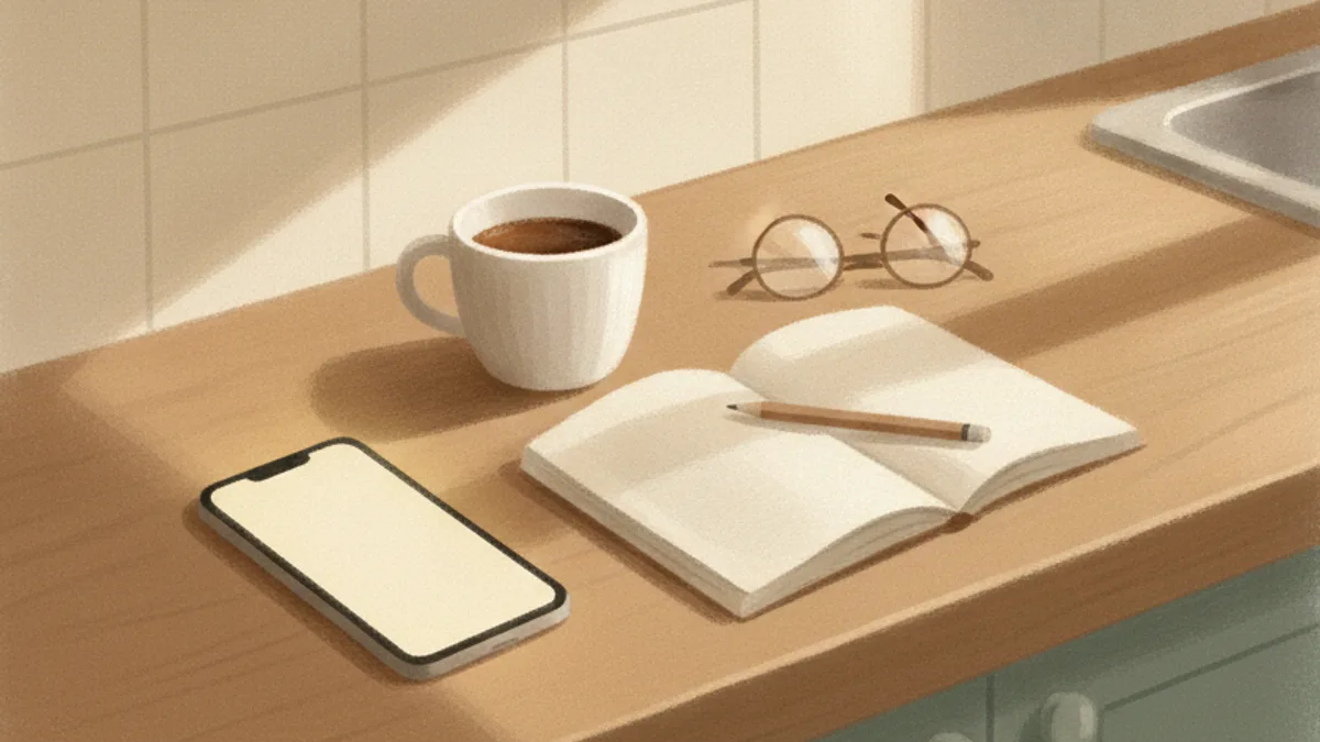 Illustration: a phone with a blank screen on a kitchen counter beside a mug, an open notebook and reading glasses.