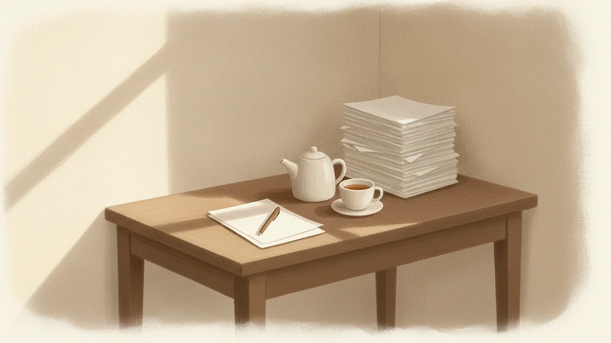 Illustration: a writing desk with a few blank pages and a pen at the front in the light, a much taller stack of papers pushed to the back corner, and a teapot and cup between them.