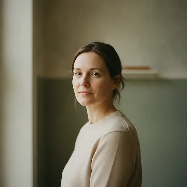 A woman in her late forties in a plain oatmeal jumper, turned three-quarters away from the camera with her eyes back to the lens, in soft window light, with a blurred cream wall and the edge of a shelf behind her.