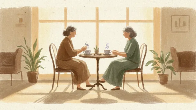 Illustration: two people sitting at a small cafe table by a window, cups between them