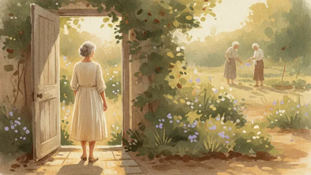 Illustration: a person standing in an open doorway looking out at a garden