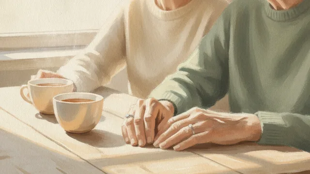 Illustration: two pairs of older hands resting near cups of tea on a wooden table