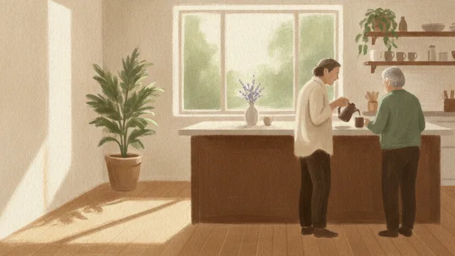 Illustration: a kitchen in morning light with two people at the counter
