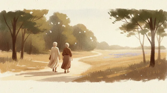 Illustration: two people walking side by side on a tree-lined path in late-afternoon light
