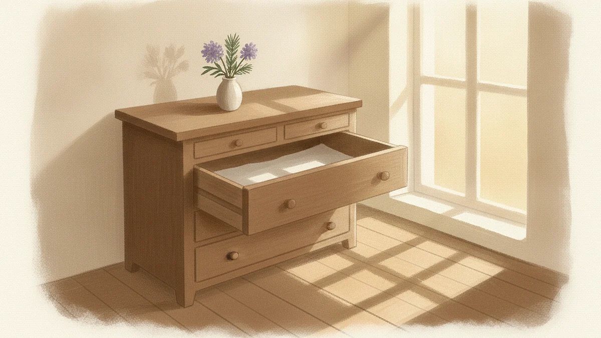 Illustration: a chest of drawers with one drawer pulled open, empty and freshly lined with clean paper, sunlight falling in and a small vase of flowers on top.