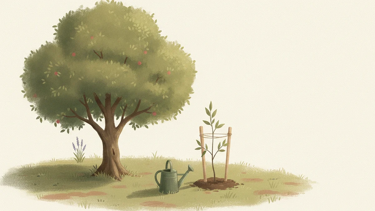 Illustration: a mature apple tree and, a few steps away, a newly planted sapling tied to a wooden stake, with a watering can beside the fresh soil.