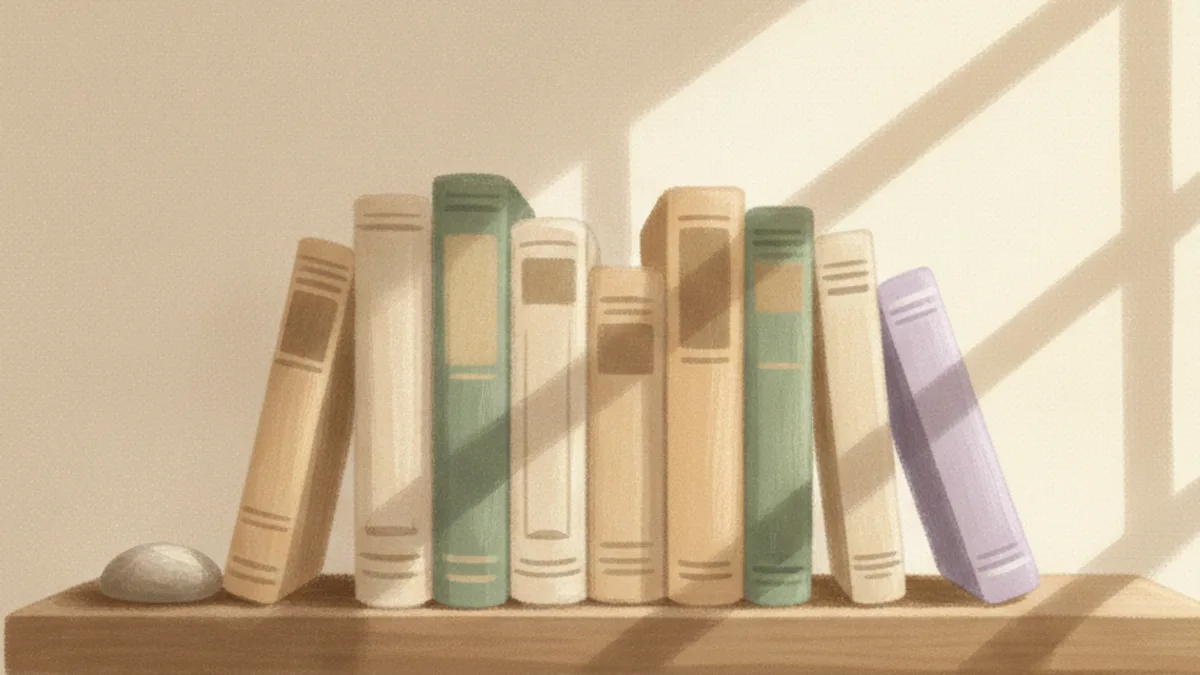 Illustration: worn book spines on a shelf with afternoon light striping across them.