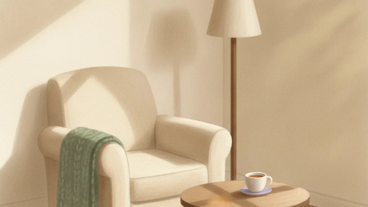 Illustration: an empty armchair with a folded blanket over the arm, a lamp and a half-finished cup of tea beside it.