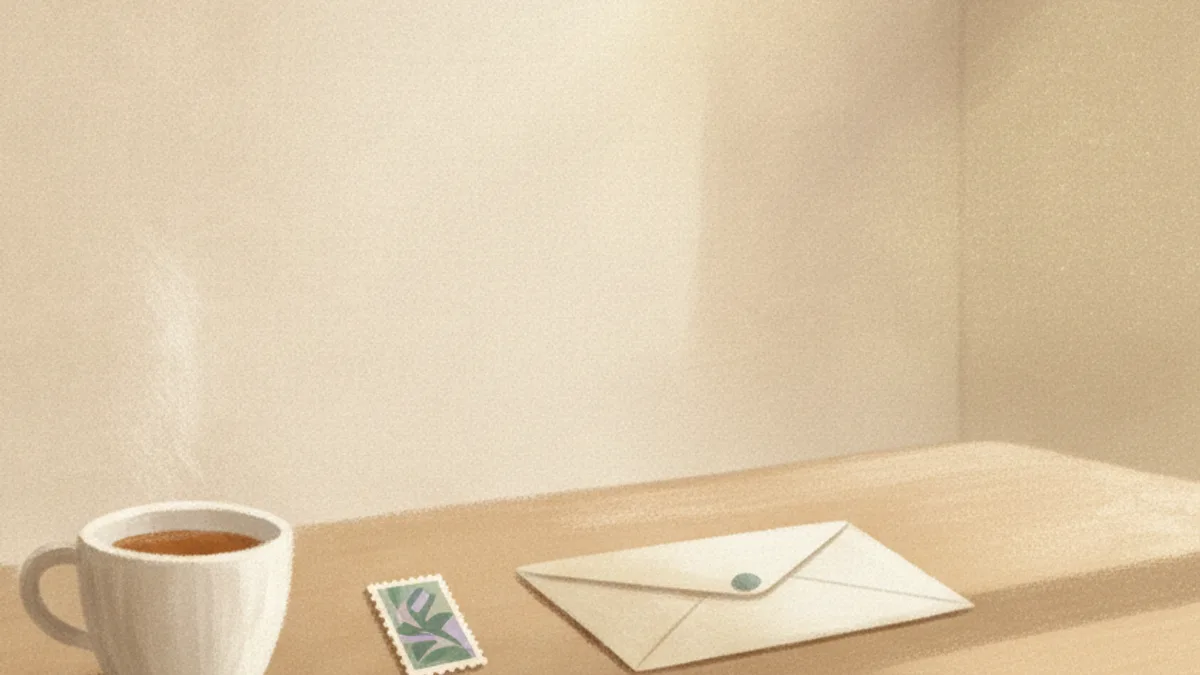 Illustration: a folded letter and a pen resting on a table in afternoon light
