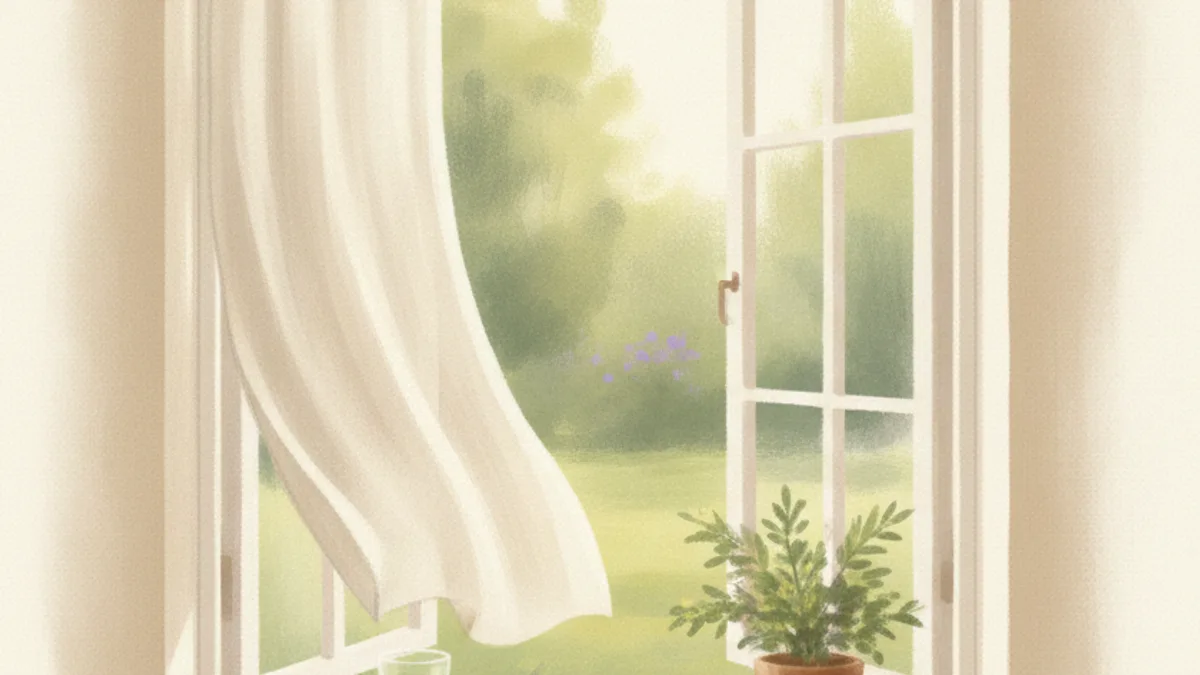 Illustration: an open window with a linen curtain lifting in the breeze, a glass of water and a small plant on the sill.