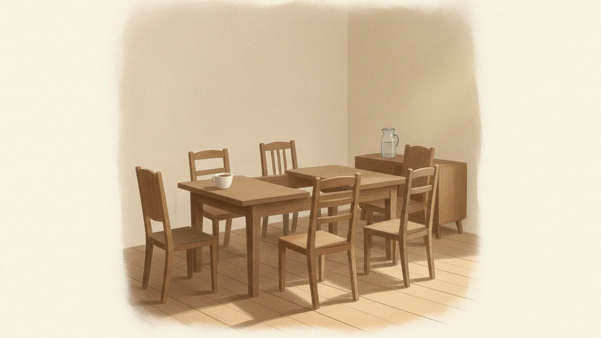 Illustration: a wooden dining table caught mid-extension with its extra leaf half inserted, five mismatched chairs gathered loosely around it and a sideboard with a water jug behind.