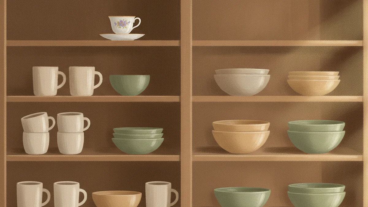 Illustration: an open kitchen dresser of plain everyday mugs and bowls, with one fine porcelain teacup and saucer kept on the top shelf.