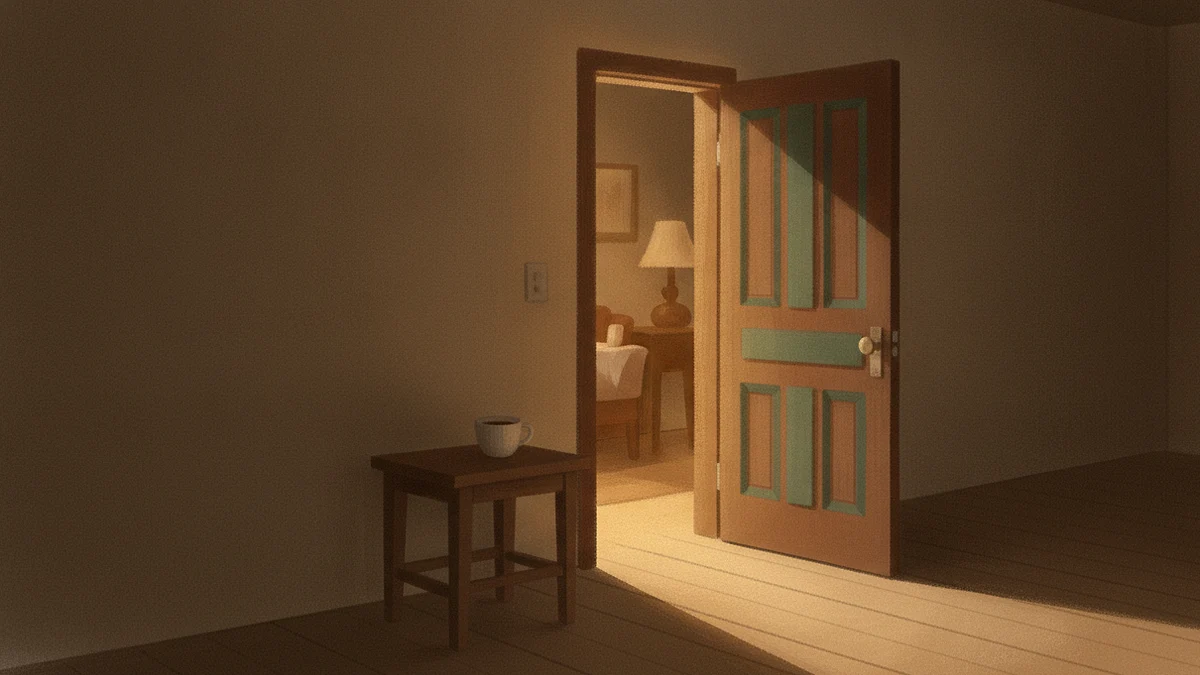 Illustration: a dim hallway at night, a study door standing ajar with warm lamplight from the lit room beyond spilling across the floor, and a full cup of tea on a small table outside the door.