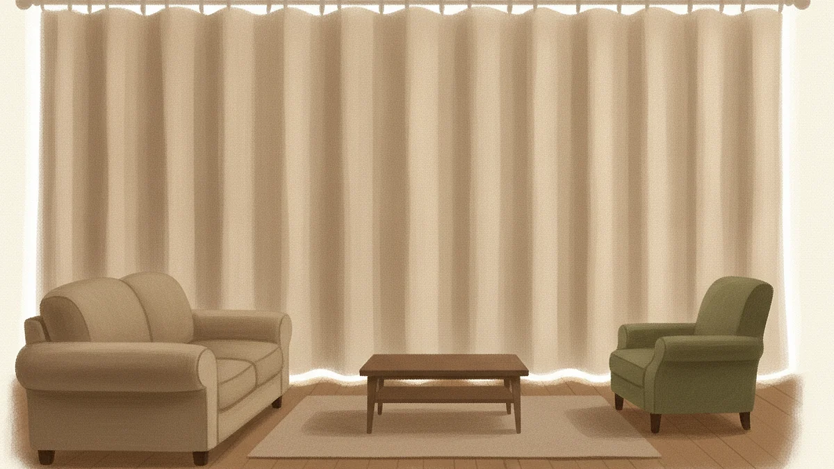 Illustration: a tidy sitting room in which one unbroken wall of closed curtains covers the whole back wall, with hard daylight burning only at its edges, and an unused sofa and armchair in front of it.