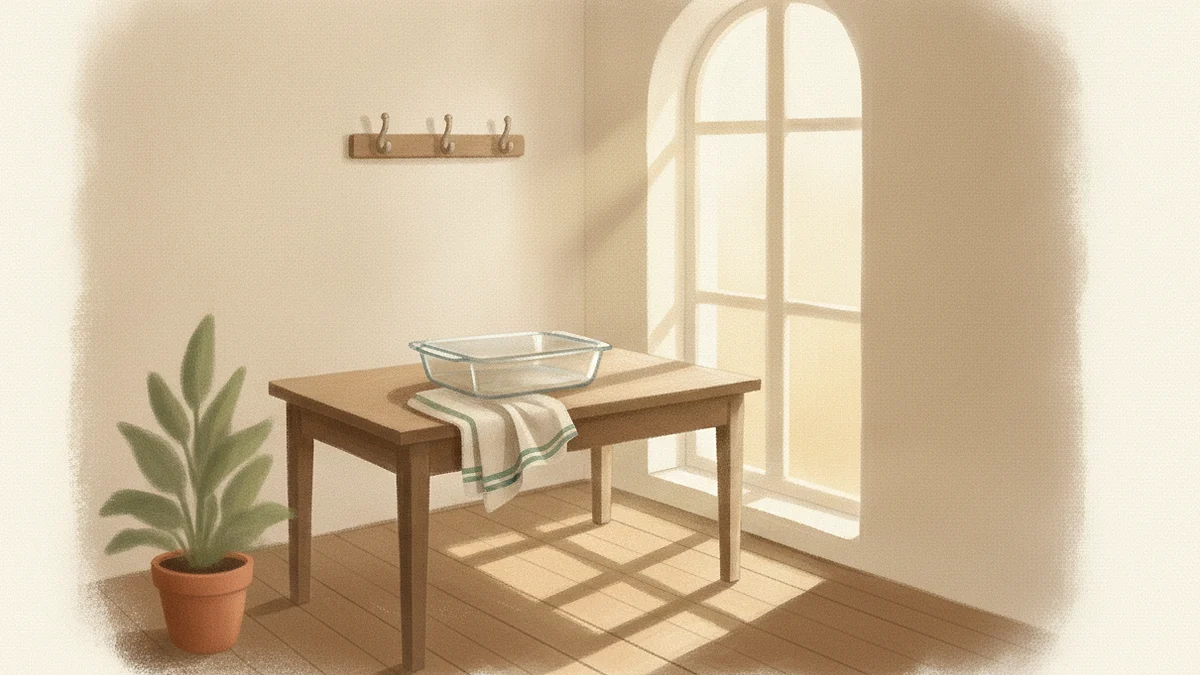 Illustration: a washed glass casserole dish with a folded tea towel over it, standing on a small table by a window, with empty coat pegs on the wall above.
