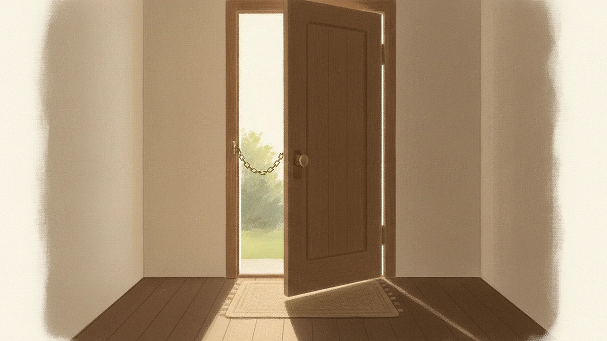 Illustration: a front door held on its brass security chain, with a narrow strip of garden daylight showing through the gap.