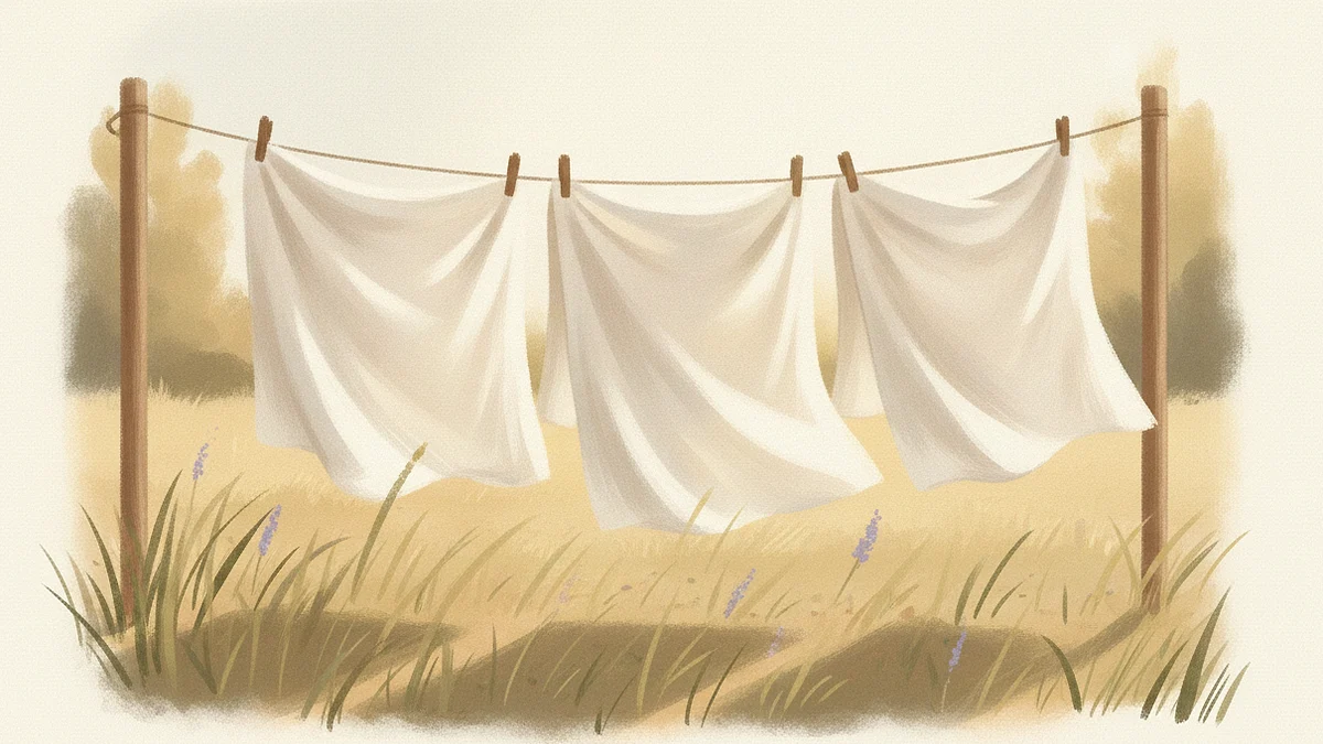 Illustration: white bed sheets pegged on a garden washing line, lifted by warm wind in strong summer light, with long grass below.